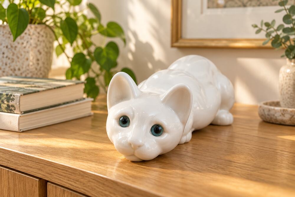 Vintage White Ceramic Cat Figurine, Blue Green Glass Eyes, Alcobaca Portugal Pot